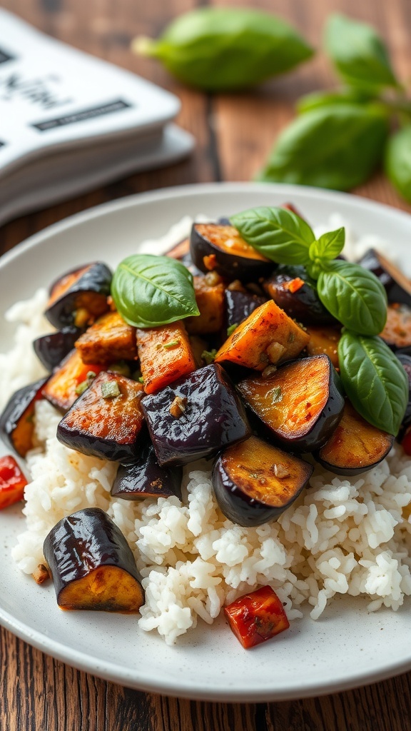 Nike Hot Step 2 Drake Nocta Eggplant Recipe Sautéed eggplant over rice, garnished with basil, on a rustic table.